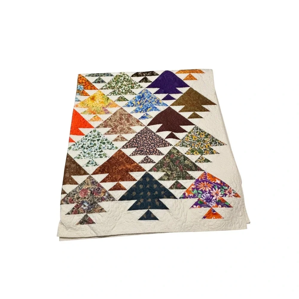Handmade Patchwork Quilt Colorful‎ Tree Mountain Pattern Multi Scrap Quilt Throw